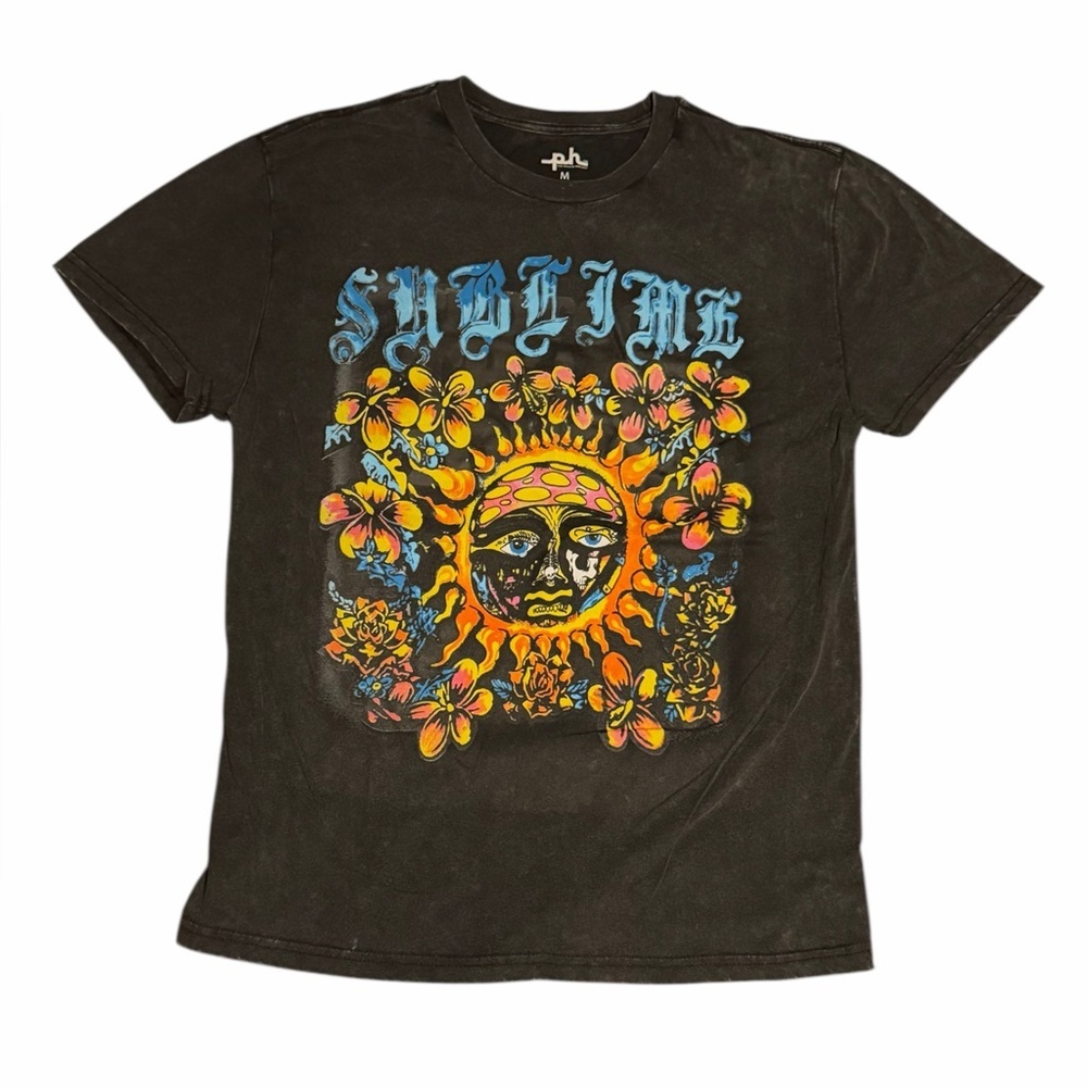 Sublime Sun Face Floral Graphic T-Shirt Black Acid Wash Unisex Size M